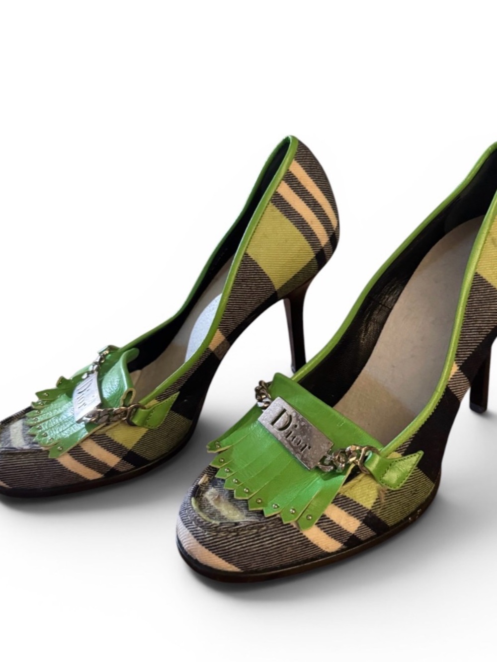 Vintage Dior Lime Green Leather & Patterned Canvas Loafers